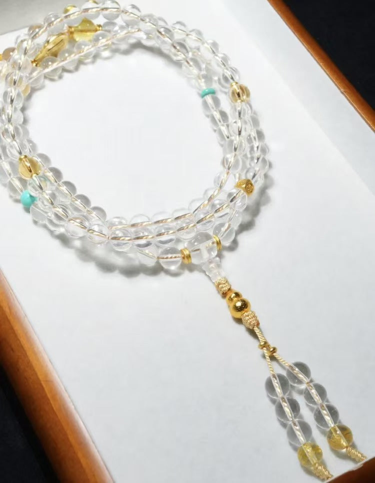 [Golden Gourd] Fortune & Wealth Enhancement Natural White Crystal Double-A Grade Fully Clear 108 Prayer Beads Multi-Wrap Bracelet