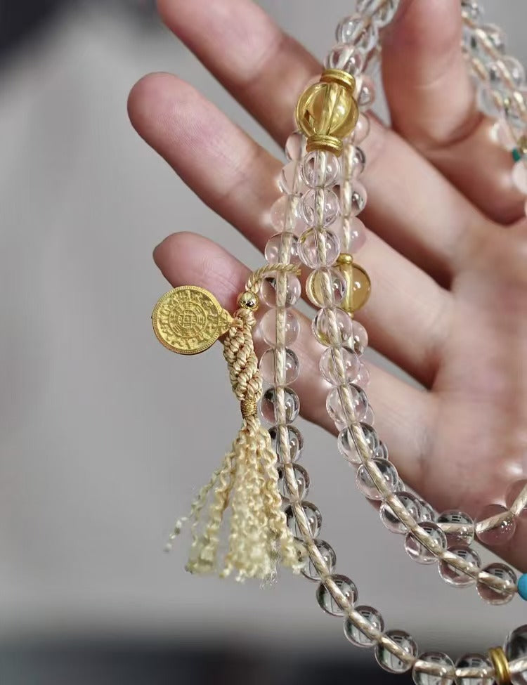 [Golden Gourd] Fortune & Wealth Enhancement Natural White Crystal Double-A Grade Fully Clear 108 Prayer Beads Multi-Wrap Bracelet