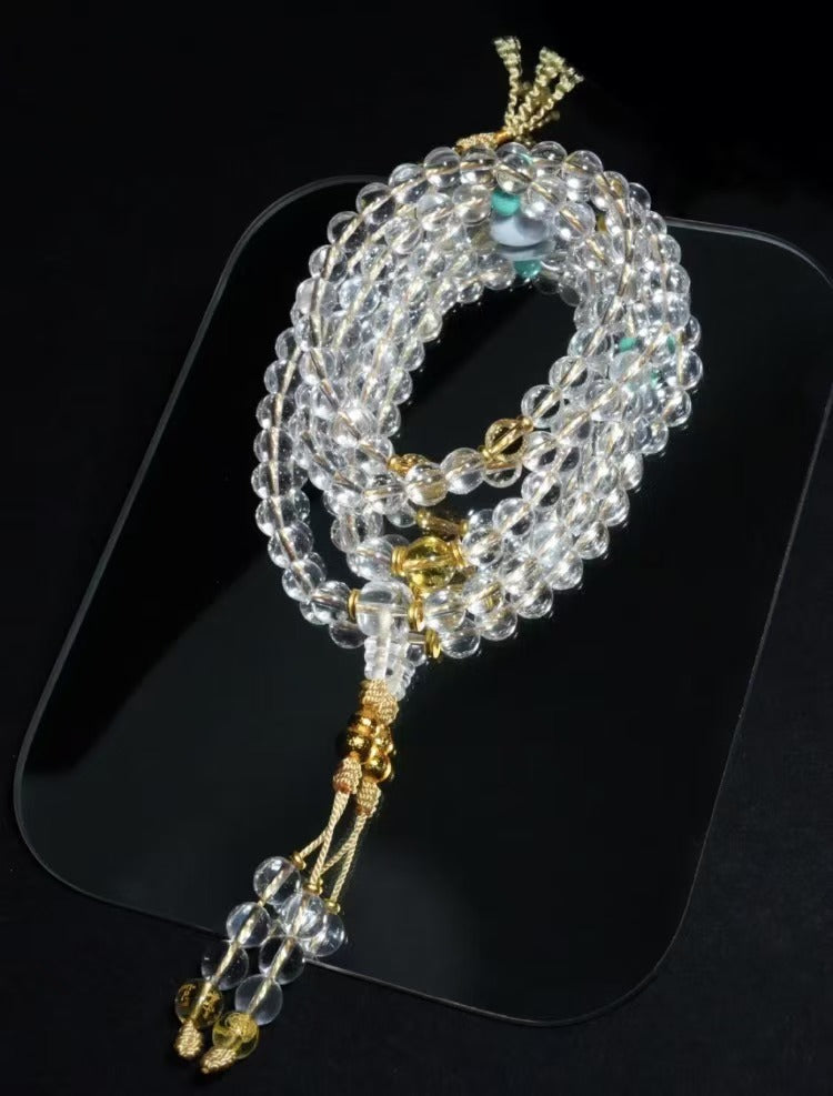 [Golden Gourd] Fortune & Wealth Enhancement Natural White Crystal Double-A Grade Fully Clear 108 Prayer Beads Multi-Wrap Bracelet