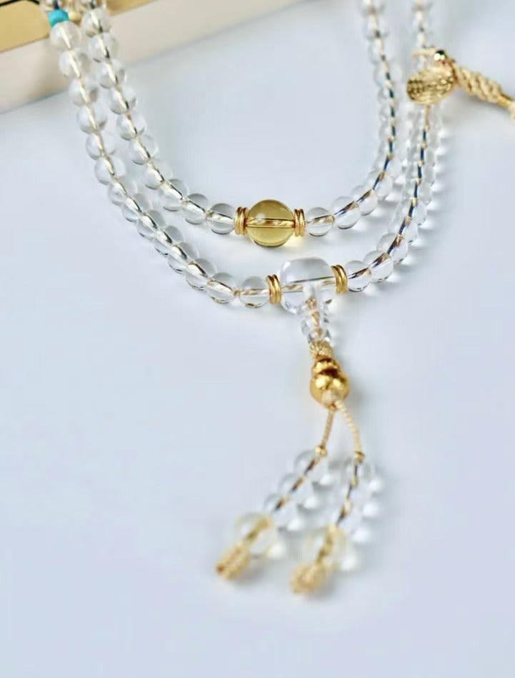 [Golden Gourd] Fortune & Wealth Enhancement Natural White Crystal Double-A Grade Fully Clear 108 Prayer Beads Multi-Wrap Bracelet