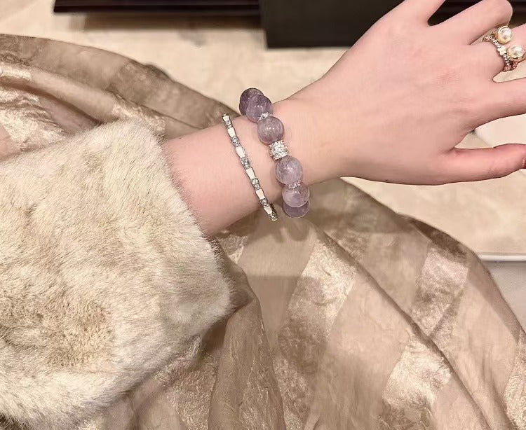 [Ice Transparent Rabbit Hair] Natural High Transparency Treasure Bowl Purple Rutilated Quartz Crystal Bracelet - Gift for Best Friend or Girlfriend