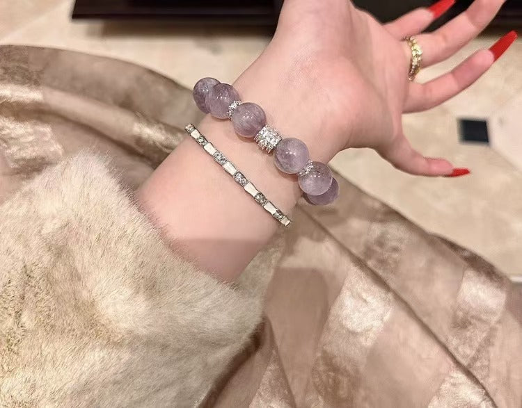 [Ice Transparent Rabbit Hair] Natural High Transparency Treasure Bowl Purple Rutilated Quartz Crystal Bracelet - Gift for Best Friend or Girlfriend