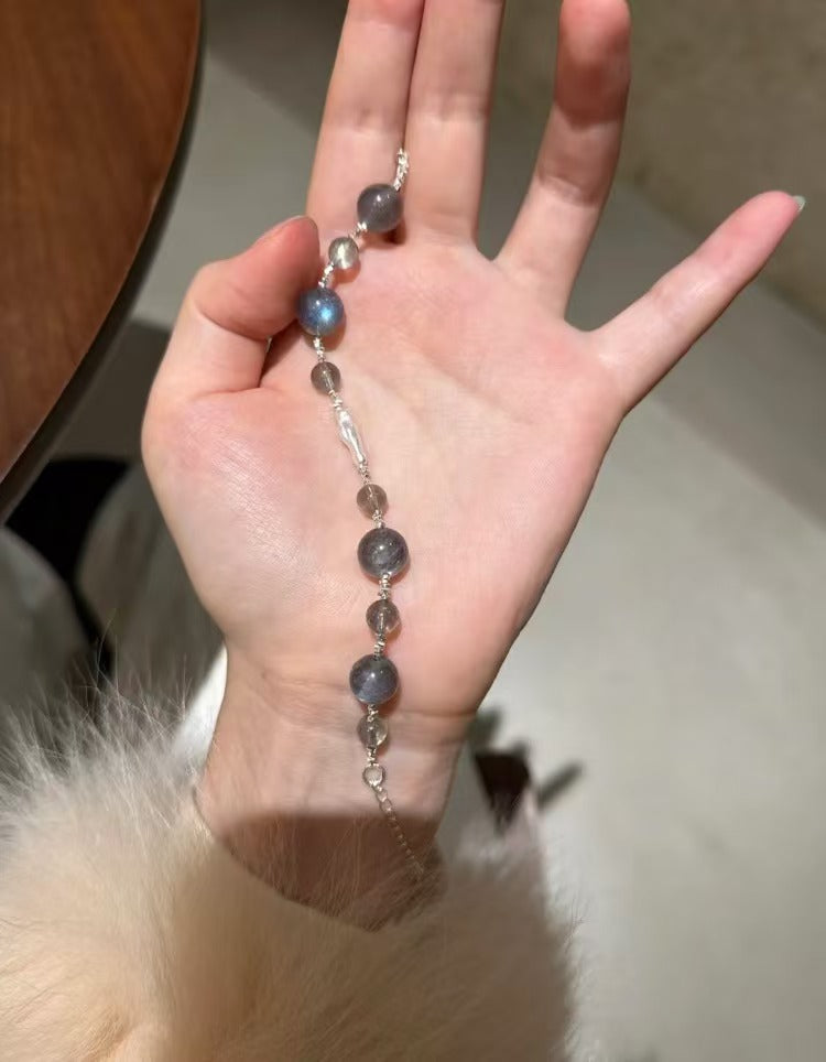 Gray Moonstone Crystal Bracelet & Necklace - Handmade 925 Silver Birthday Gift for Women