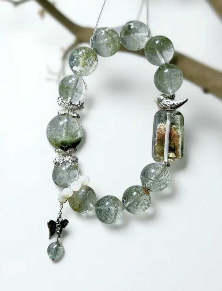 Wizard of Oz Vibes 11mm Tibetan Silver Green Phantom Crystal Bracelet / Little Bird in the Woods