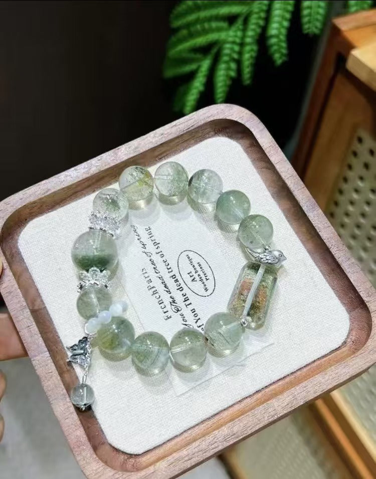 Wizard of Oz Vibes 11mm Tibetan Silver Green Phantom Crystal Bracelet / Little Bird in the Woods