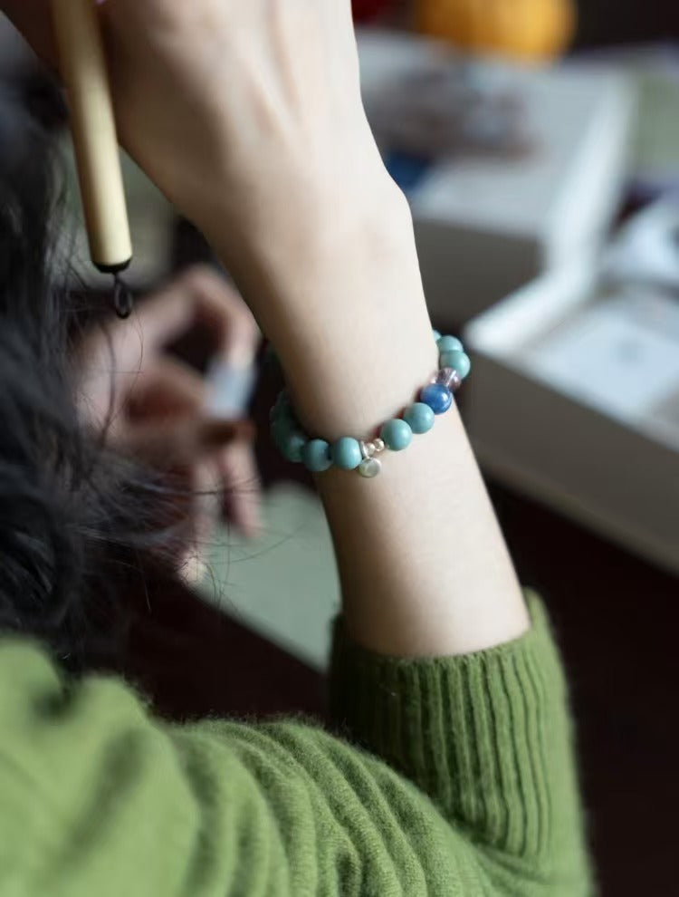 'Yu Mo' Handcrafted Incense Bead Kyanite Amethyst Agate 925 Silver Chinese Style Bracelet