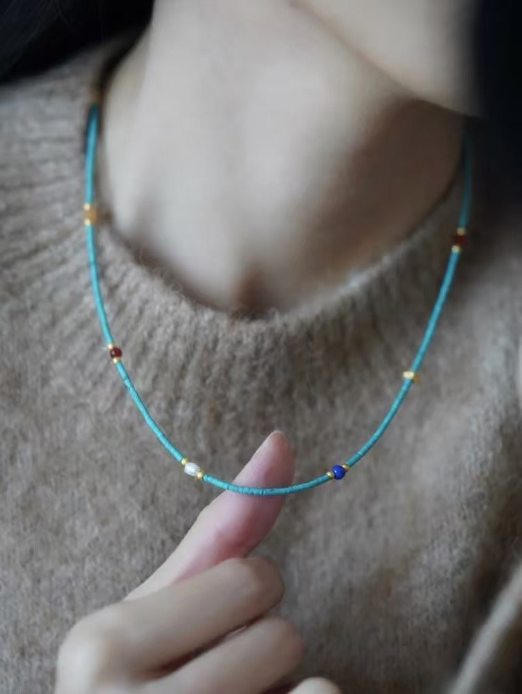 <Lan Shi Xu> Handcrafted Turquoise Multi-Gemstone Beaded Necklace